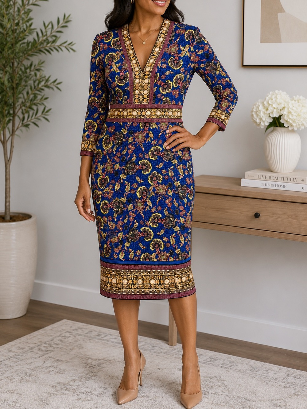 London Style Collection Floral Sheath Dress Size 6 Blue Pink Stretch Lined